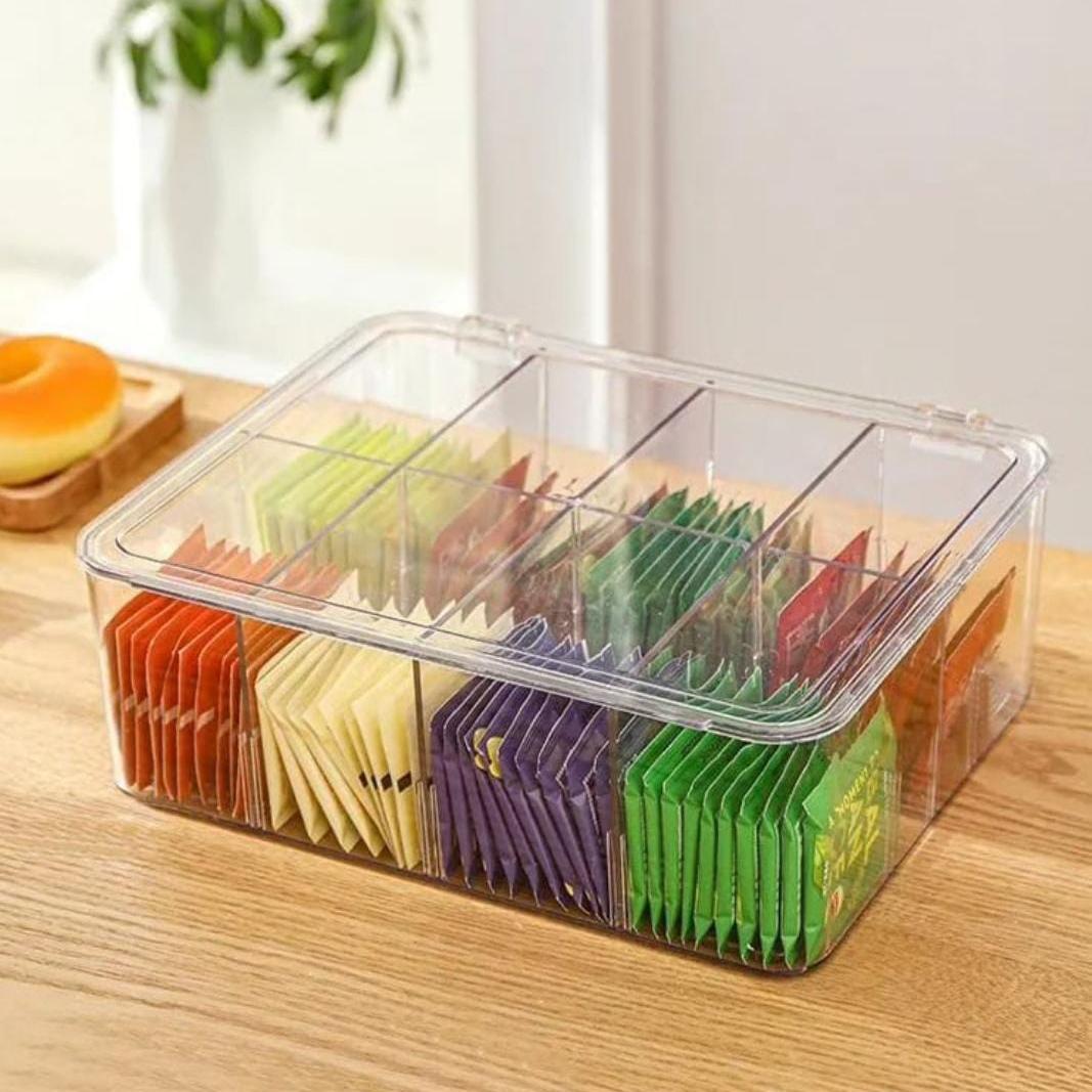 Acrylic Tea Bag and Coffee Organizer – 8-Compartment Stackable Box with Removable Dividers