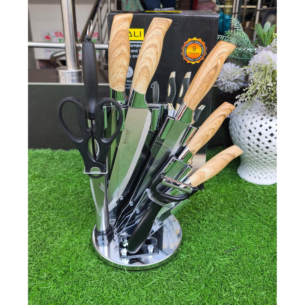 9 Piece Wooden Kitchen Knife Set with Stainless Steel Blades and Accessories