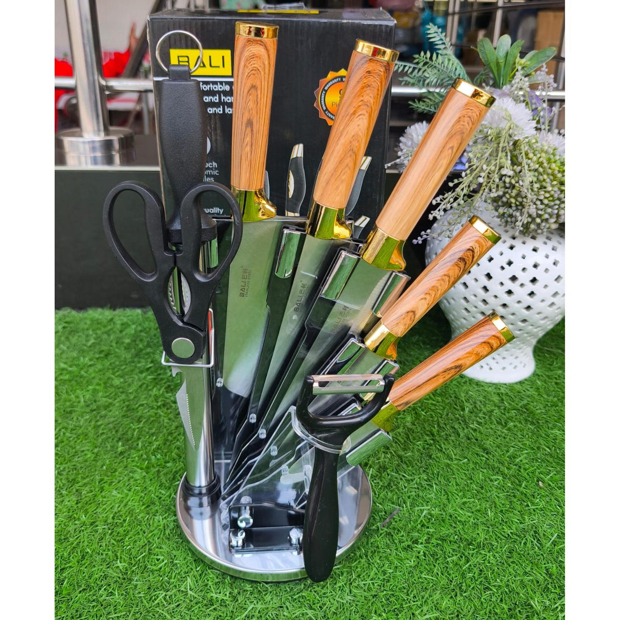 9 Piece Wooden Kitchen Knife Set with Stainless Steel Blades and Accessories