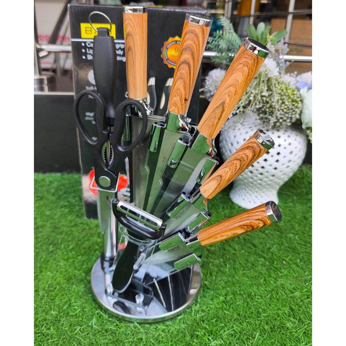 9 Piece Wooden Kitchen Knife Set with Stainless Steel Blades and Accessories