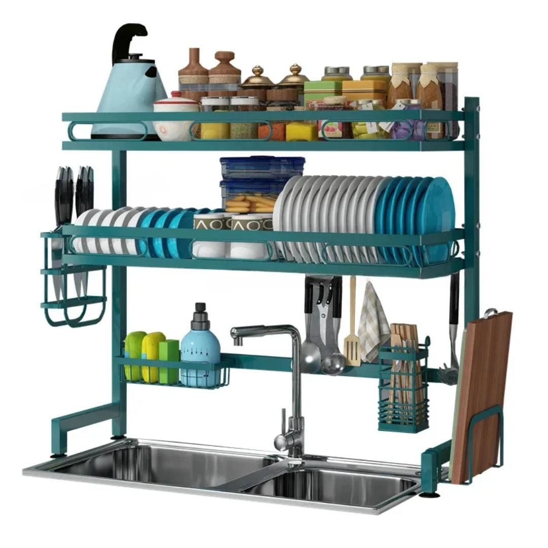 90cm Double Sink Double Layer Dish Rack Space Saving Kitchen Organizer for Plates, Utensils, and Dishes