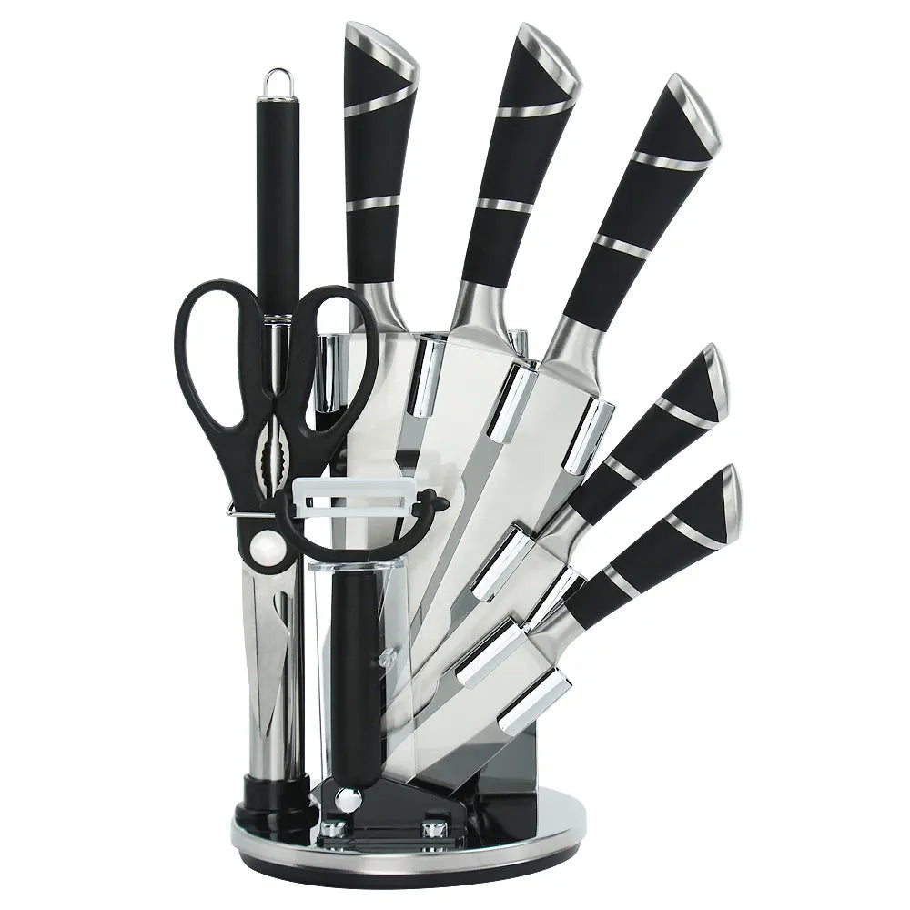 9pcs Unique Stainless Steel Knife Set with Acrylic Stand Ideal for Slicing Dicing & Chopping