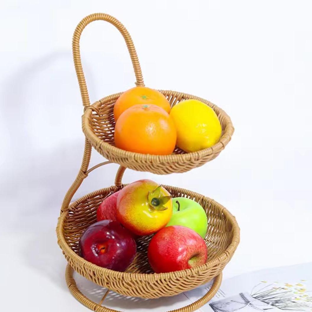 3-Tier Handmade Rattan Fruit Rack – Brown Multi-Layer Storage Stand