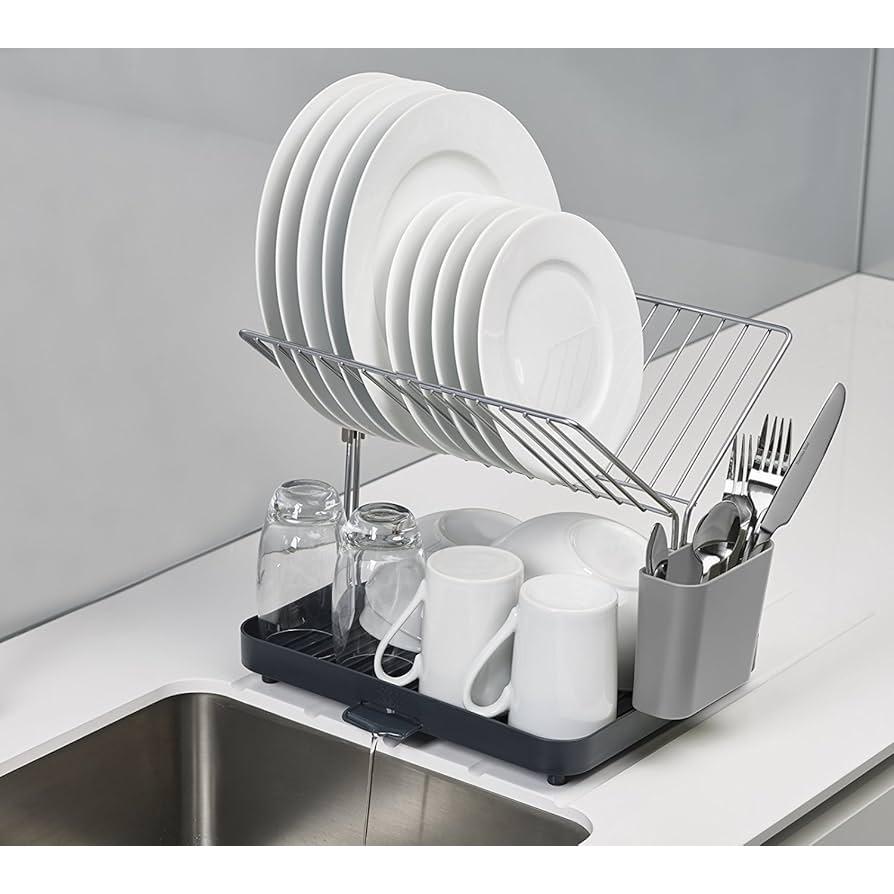 A-565 2 Tier Self-Draining Dish Drainer Rack with Storage Sections