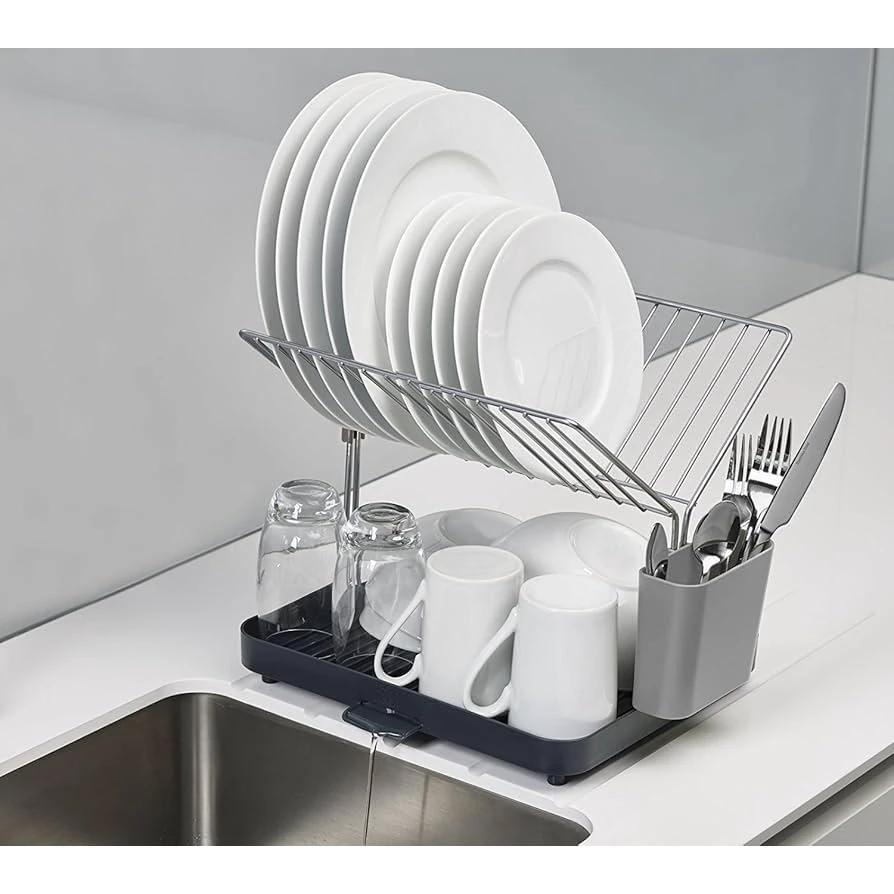 A-565 2 Tier Self-Draining Dish Drainer Rack with Storage Sections Kitchen Accessories Dish Racks & Drain Boards