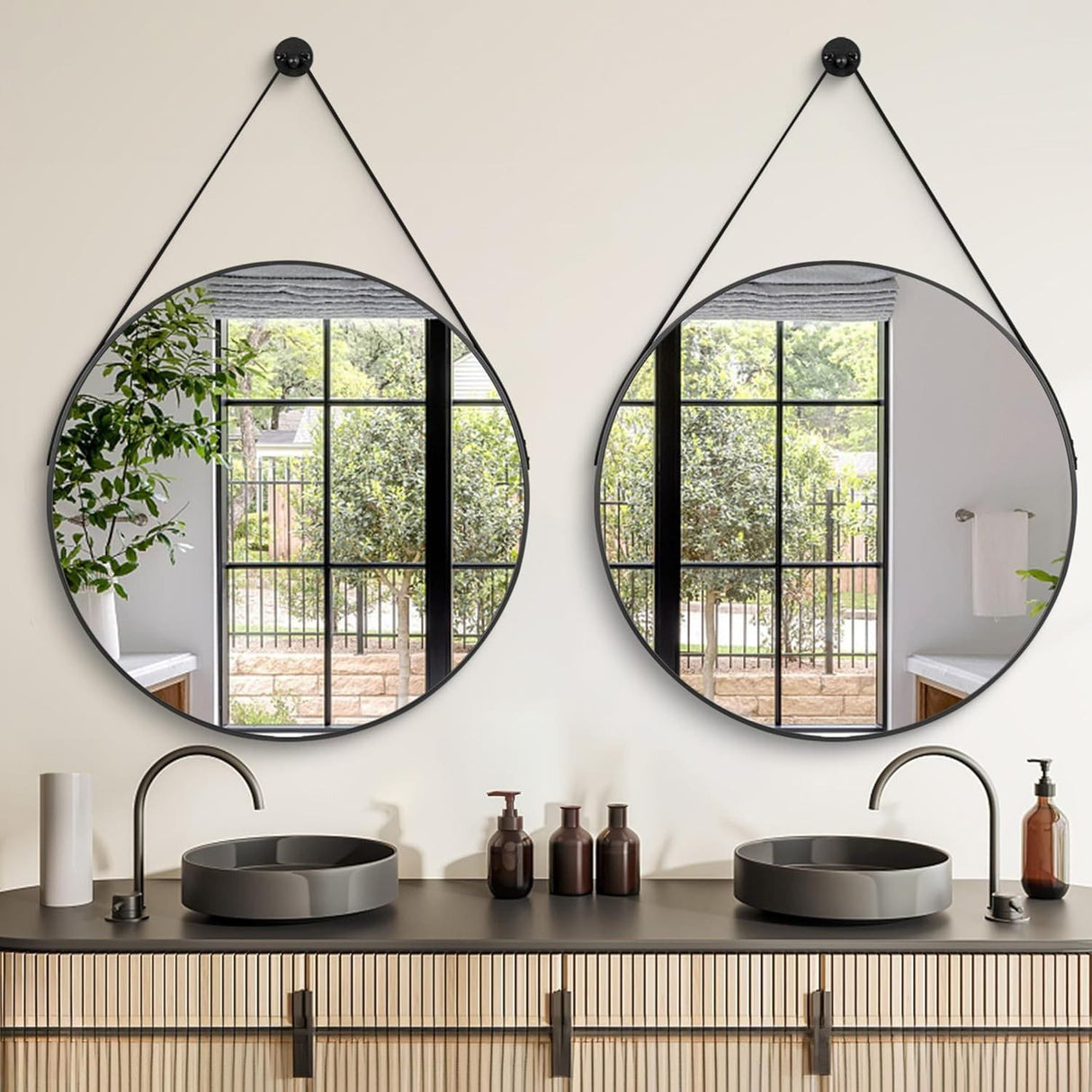 Round Hanging Mirror with Strap Decorative Wall Mirror 60cm Nordic Style