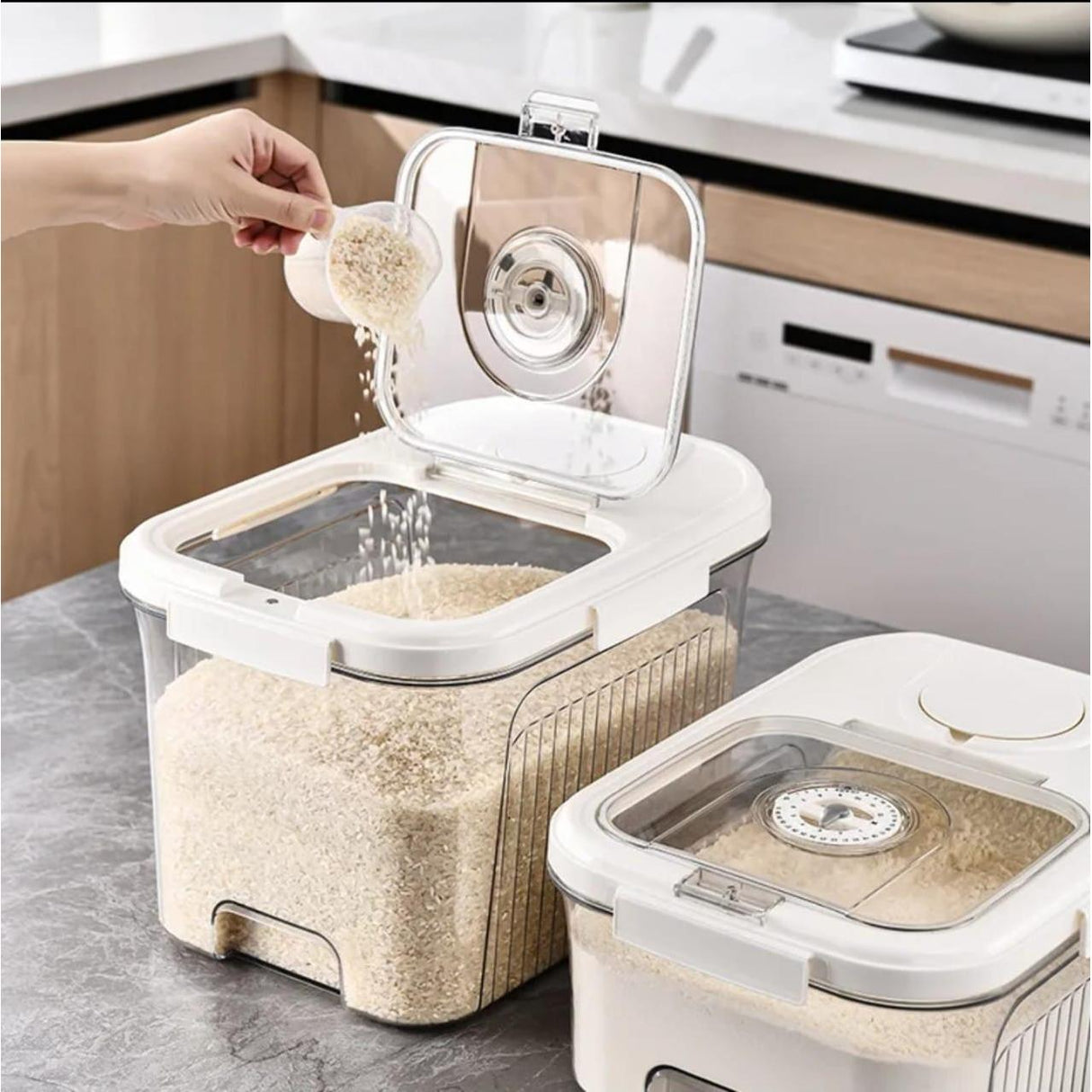 Acrylic Airtight Rice & Cereal Storage Bucket with Scooper – 5kg & 10kg | Moisture-Proof | Cream & White