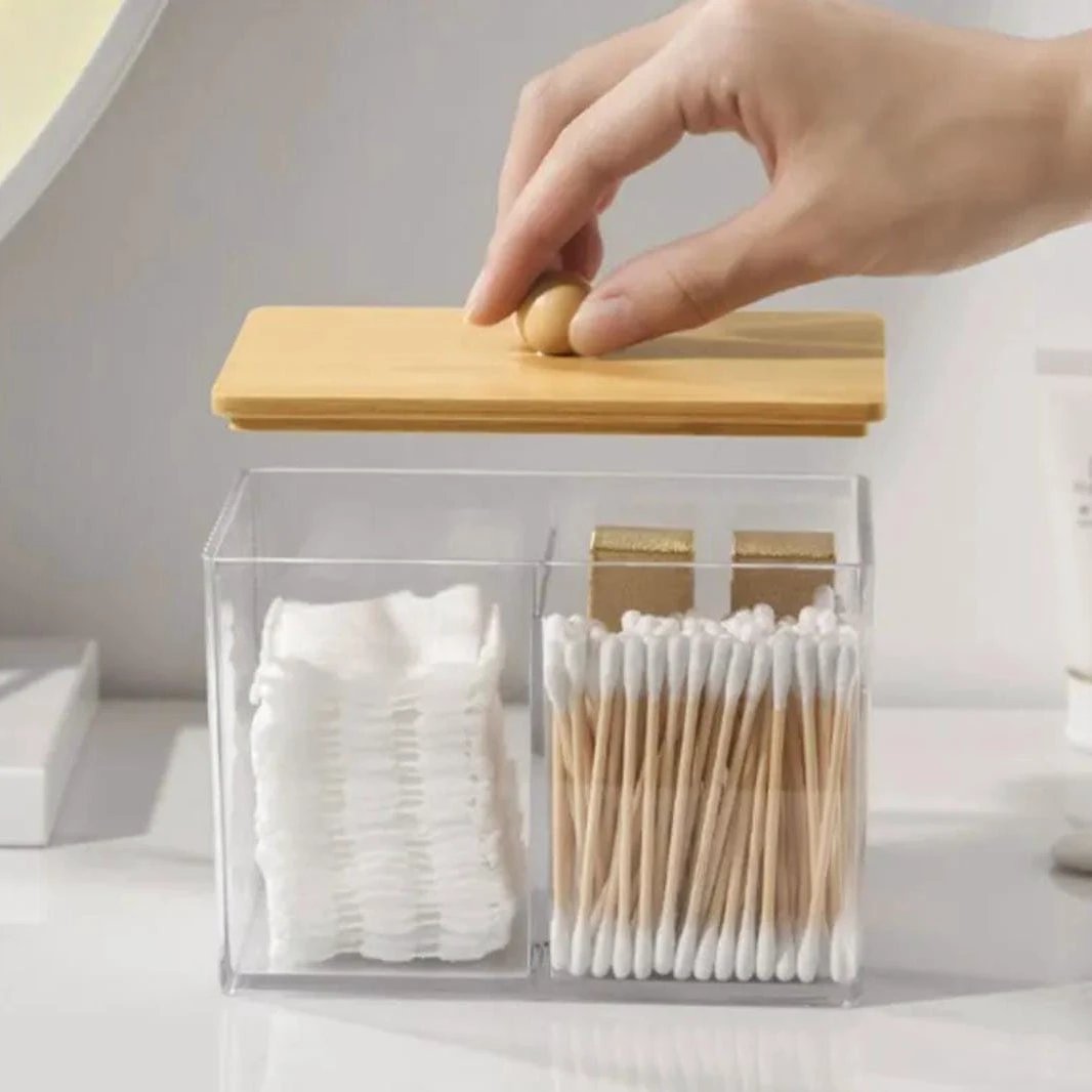 Acrylic Earbuds Swab Organizer with Bamboo Cover Storage and organization Toothbrush Holders