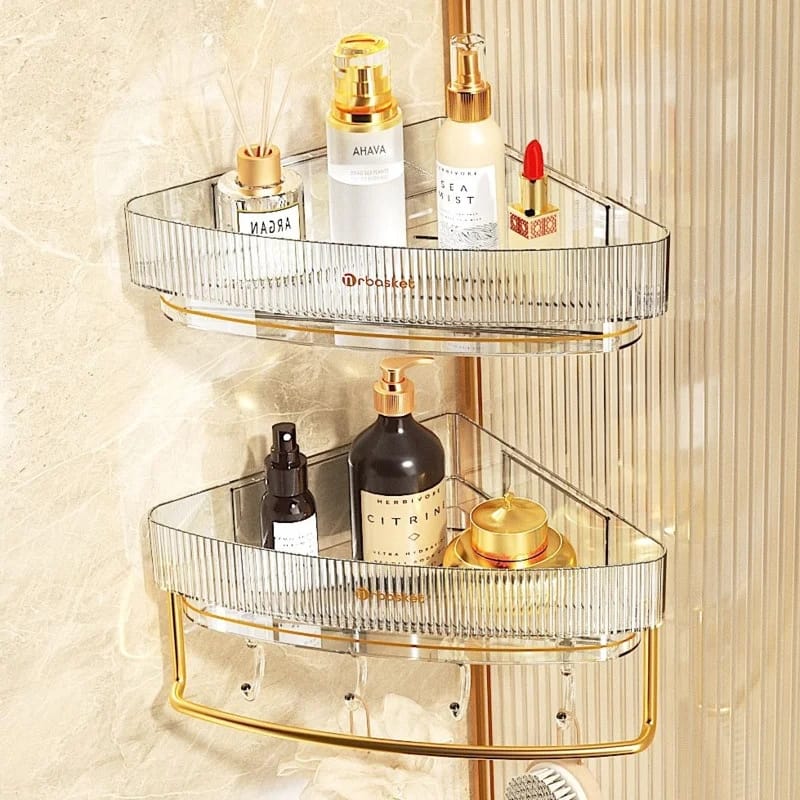 Acrylic Punch-Free Bathroom Corner Shelf with Towel Bar and Hooks – Adhesive Mount Storage Rack