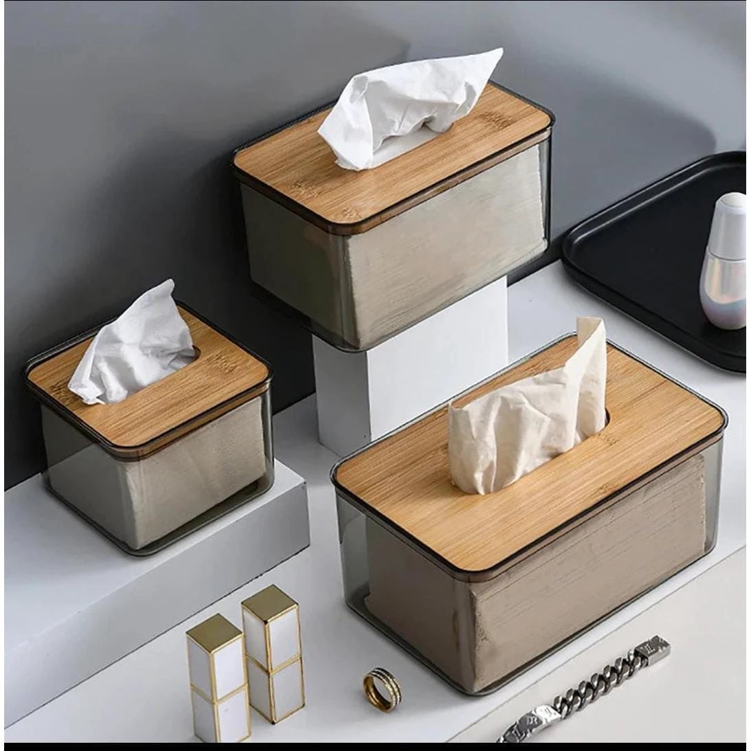 Acrylic Transparent Serviette Holder with Bamboo Lid – Modern Napkin Dispenser Napkin Holder Napkin Holders