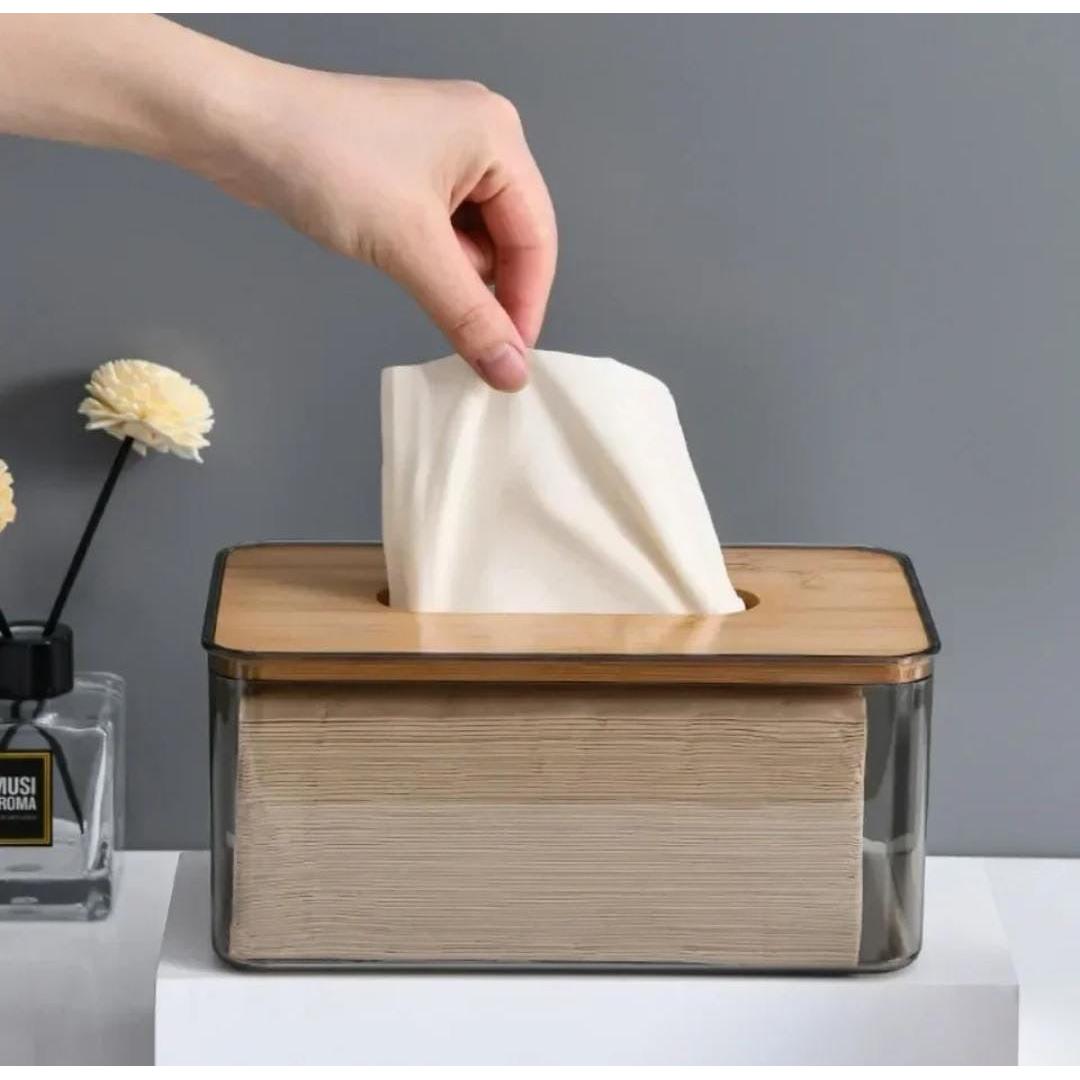 Acrylic Transparent Serviette Holder with Bamboo Lid – Modern Napkin Dispenser