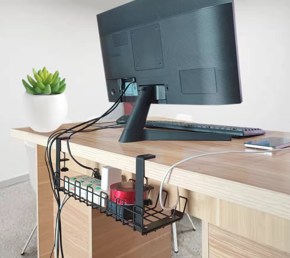 Adjustable Under the Desk Cable Organizer Mesh with Silicone Cushion Pad