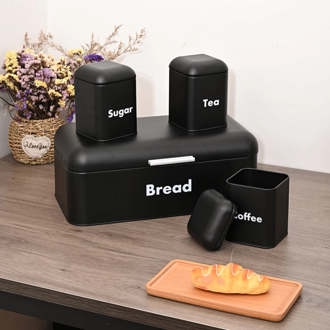 Alloy Bread Bin with Three Canister Set – Large Capacity Kitchen Storage in White or Black