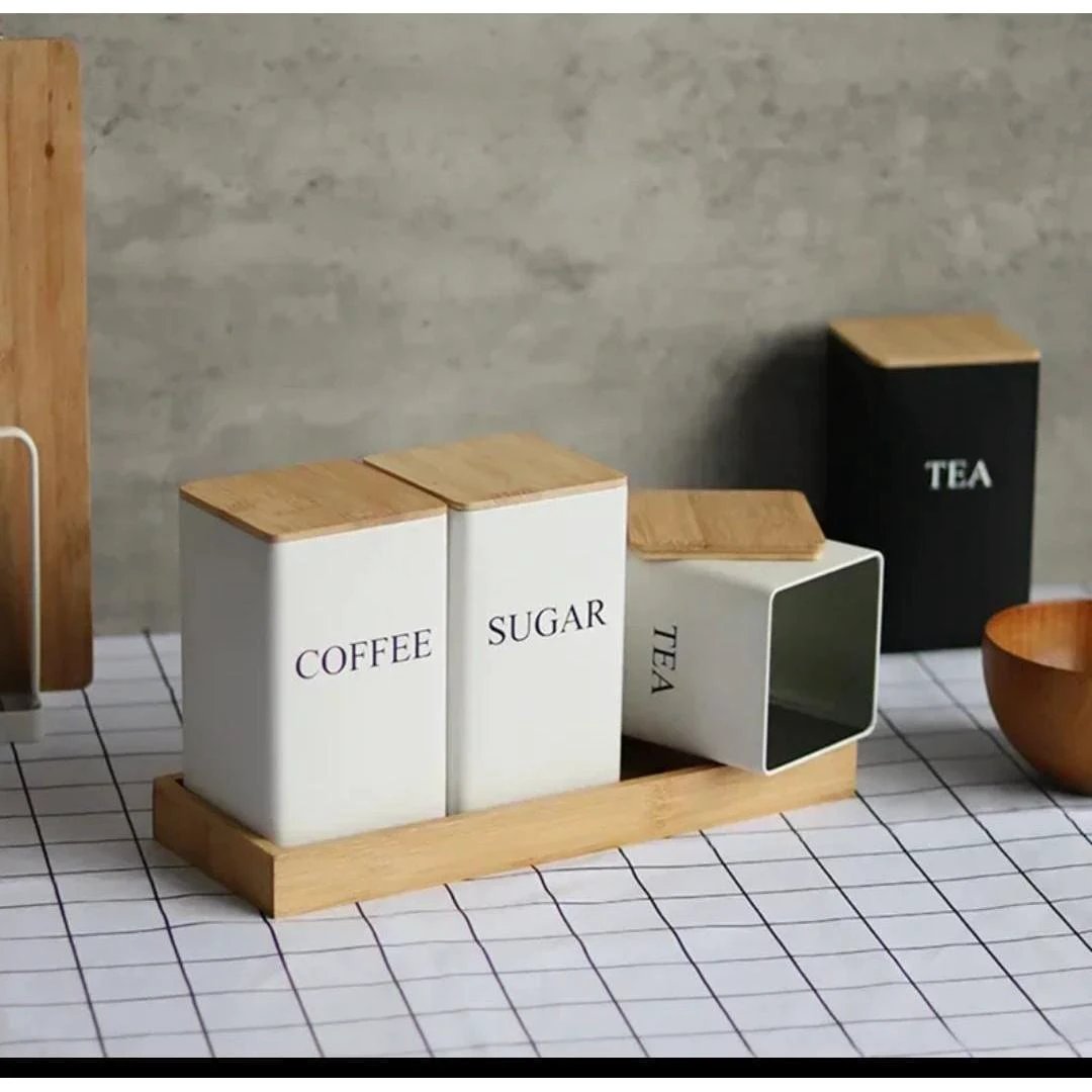 Alloy Canisters Set with Bamboo Holder | Tea, Coffee, Sugar Storage Storage Containers Kitchen Organizers