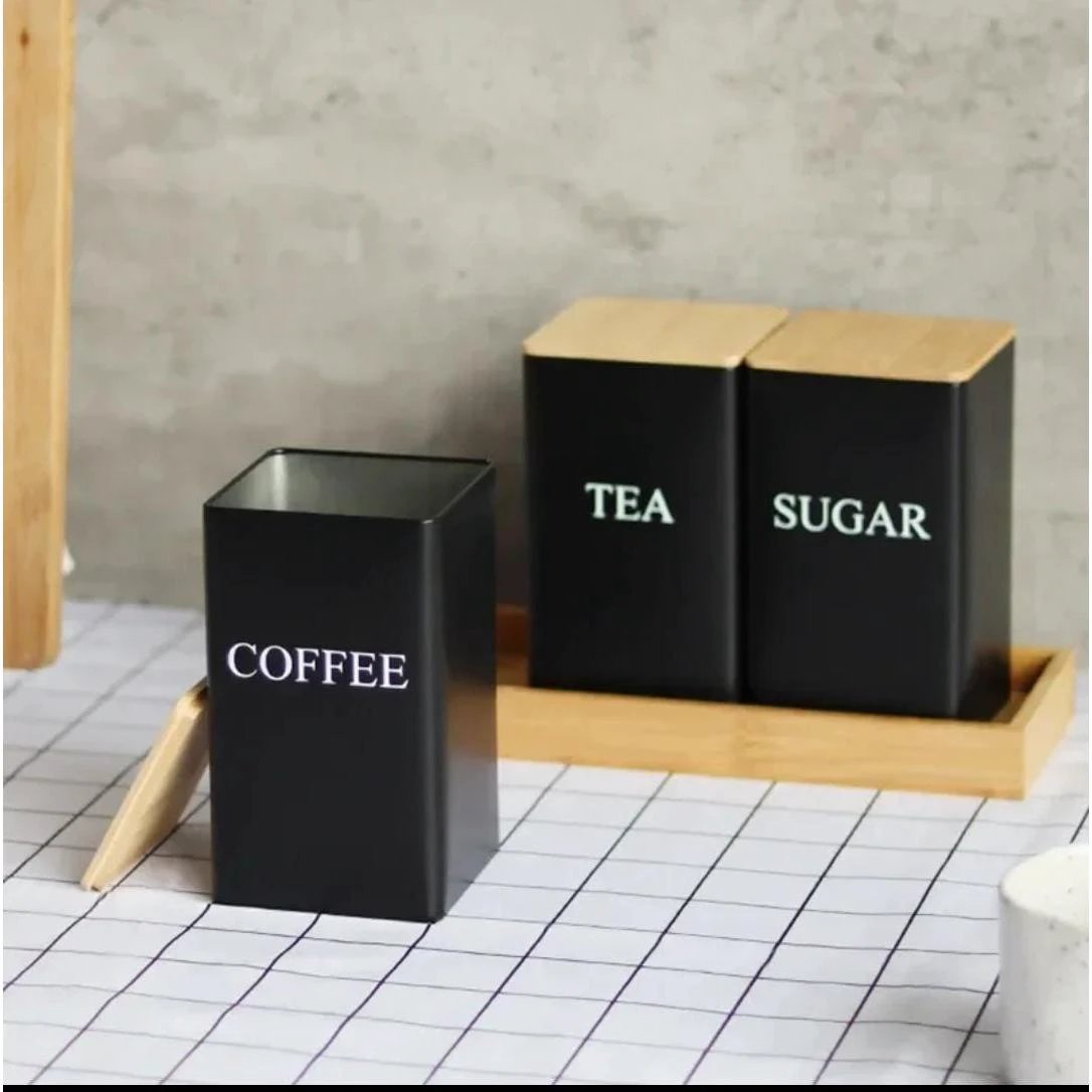 Alloy Canisters Set with Bamboo Holder | Tea, Coffee, Sugar Storage Storage Containers Kitchen Organizers