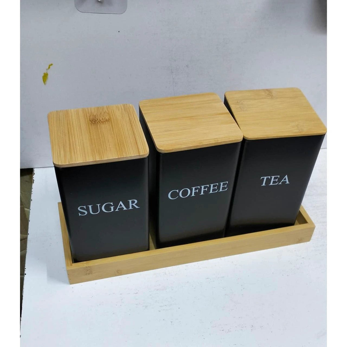 Alloy Canisters Set with Bamboo Holder | Tea, Coffee, Sugar Storage Storage Containers Kitchen Organizers
