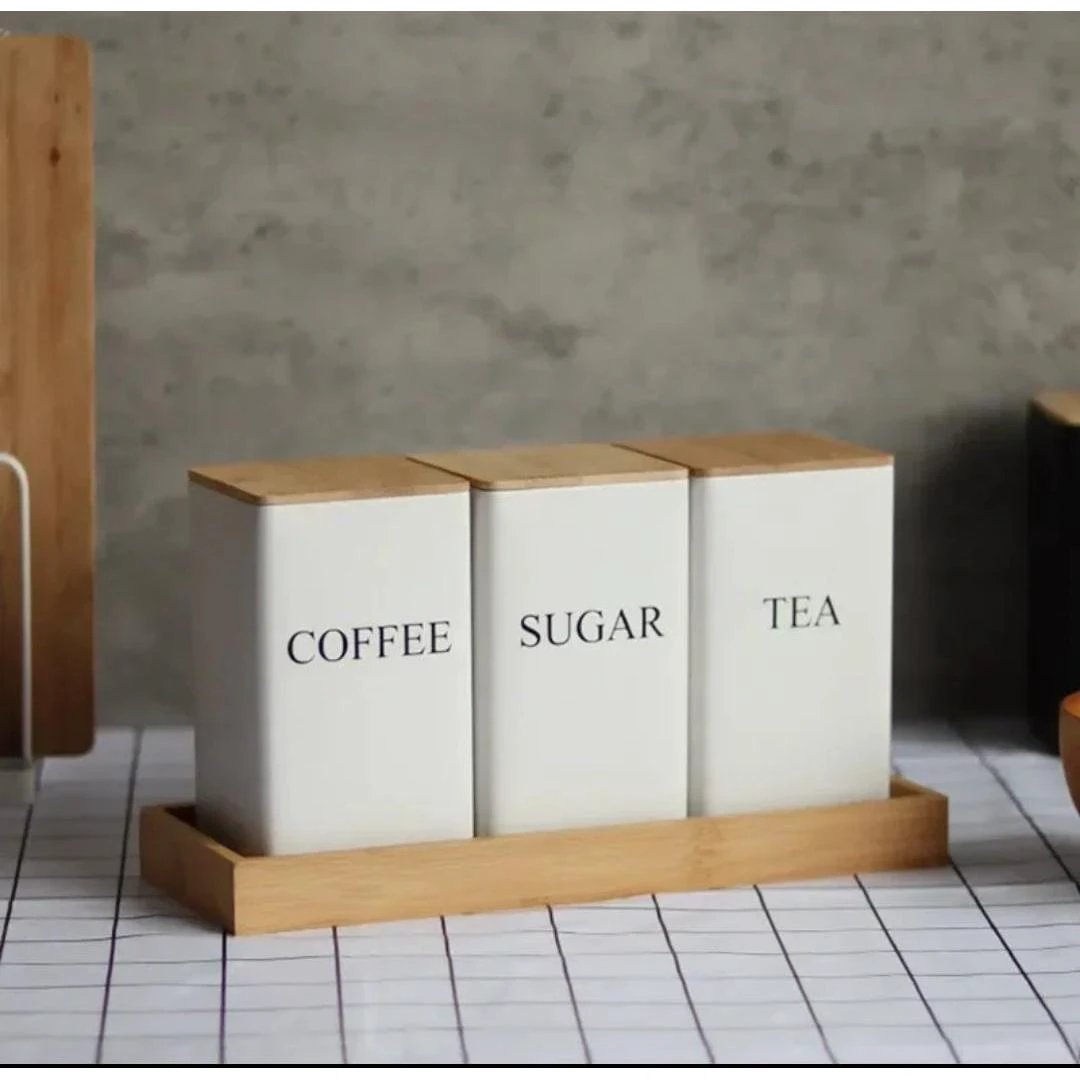 Alloy Canisters Set with Bamboo Holder | Tea, Coffee, Sugar Storage Storage Containers Kitchen Organizers