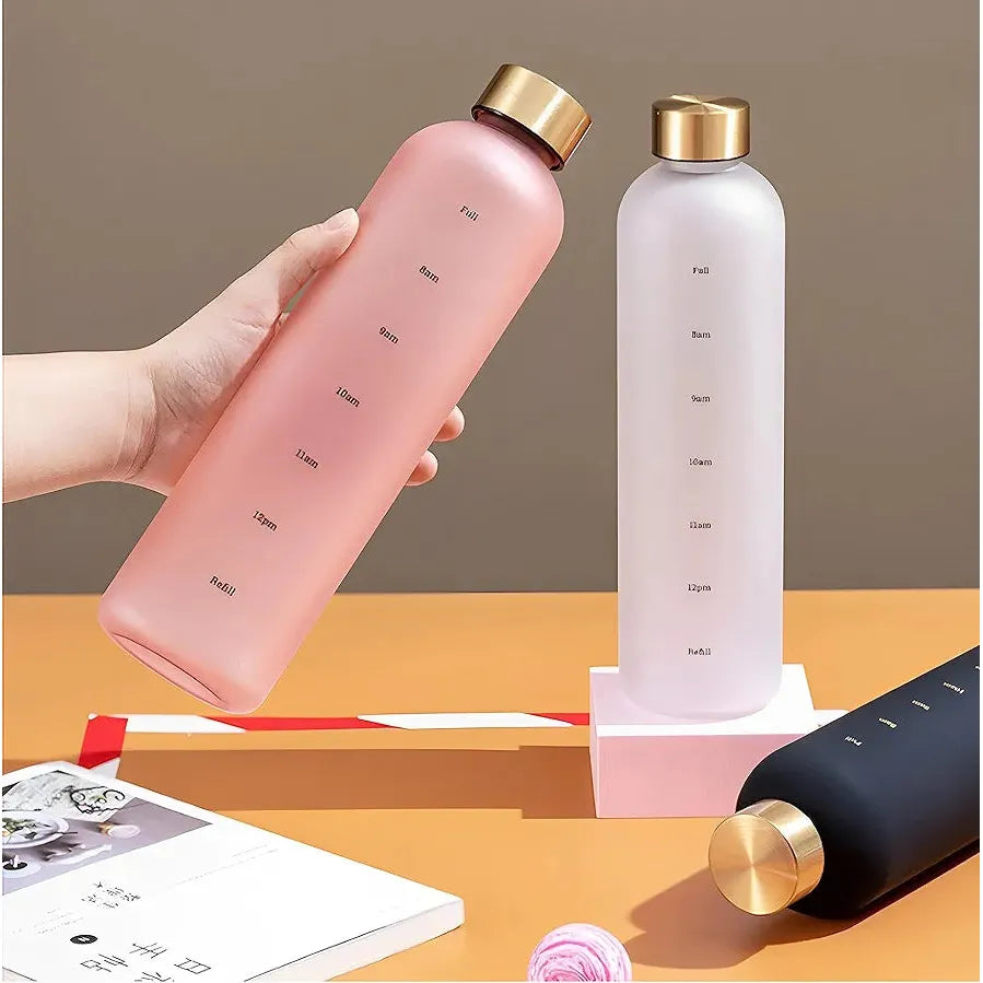 BPA Free Portable 1000ml Frosted Transparent Plastic Water Bottle with Time Scale | Large Capacity Sports & Leak Proof Rubber Outdoor Water Bottle