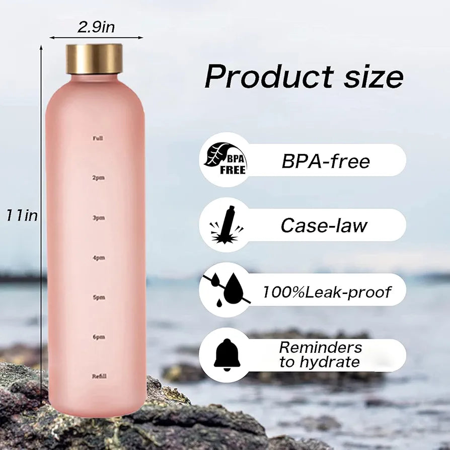BPA Free Portable 1000ml Frosted Transparent Plastic Water Bottle with Time Scale | Large Capacity Sports & Leak Proof Rubber Outdoor Water Bottle