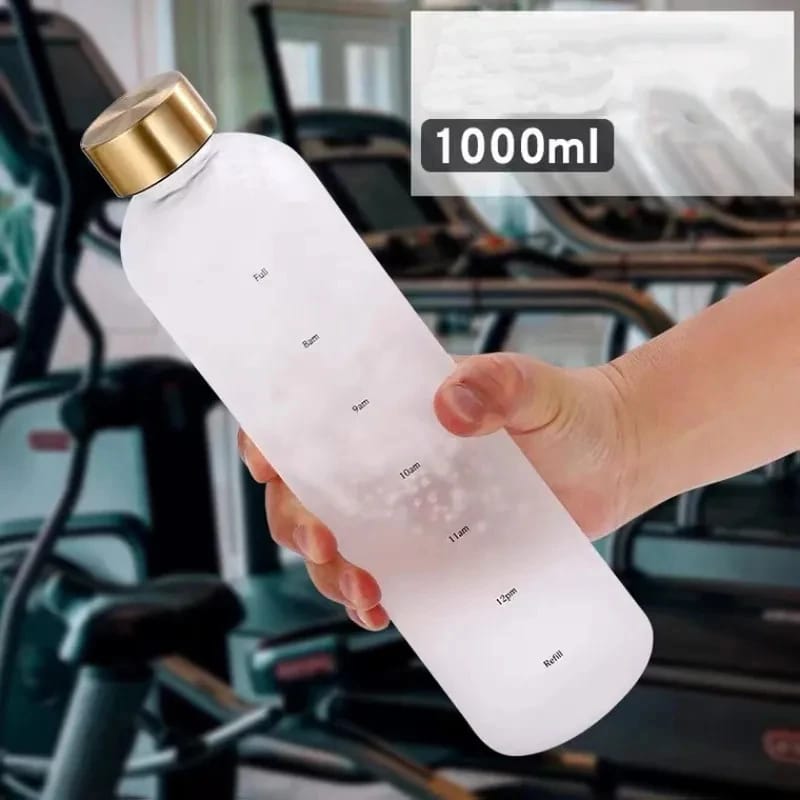 BPA Free Portable 1000ml Frosted Transparent Plastic Water Bottle with Time Scale | Large Capacity Sports & Leak Proof Rubber Outdoor Water Bottle