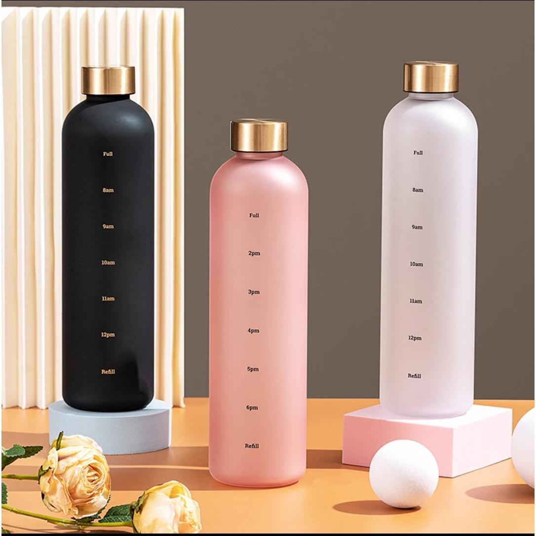 BPA Free Portable 1000ml Frosted Transparent Plastic Water Bottle with Time Scale | Large Capacity Sports & Leak Proof Rubber Outdoor Water Bottle