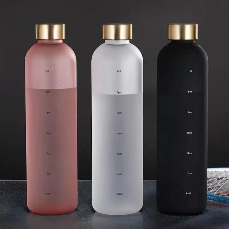 BPA Free Portable 1000ml Frosted Transparent Plastic Water Bottle with Time Scale | Large Capacity Sports & Leak Proof Rubber Outdoor Water Bottle