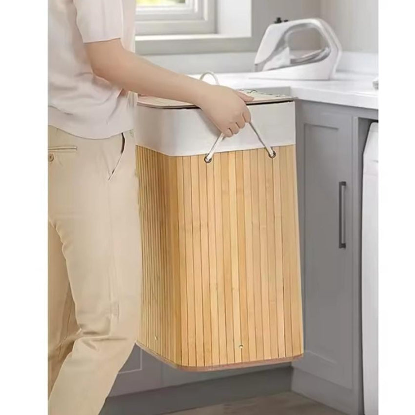 Bamboo Laundry Basket Foldable Hamper with Lid–50x30x40cm