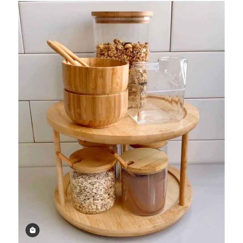 Bamboo Rotating Spice Rack 360° Rotating Organizer for Kitchen Spices and Condiments