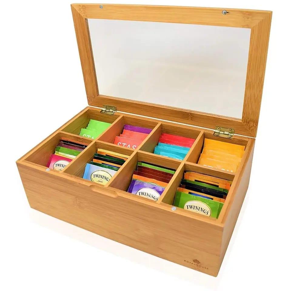Bamboo Tea Bag Organizer | 8 Compartments Eco Friendly Natural Bamboo Storage Solution for Tea Lovers