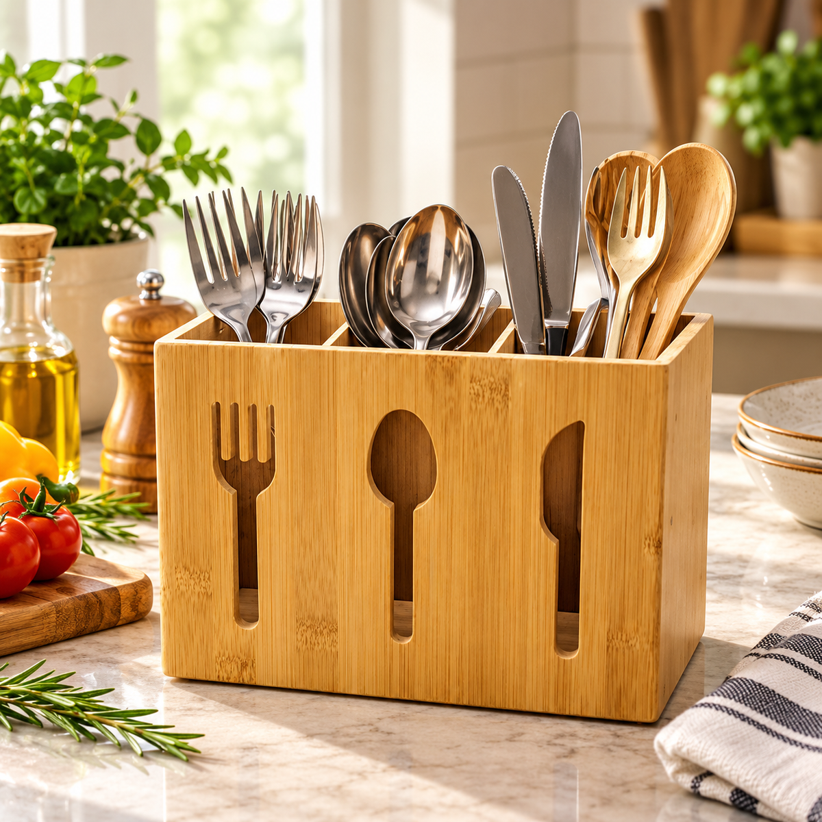 3-Slot Bamboo Cutlery Organiser Cutlery Organiser Flatware Trays