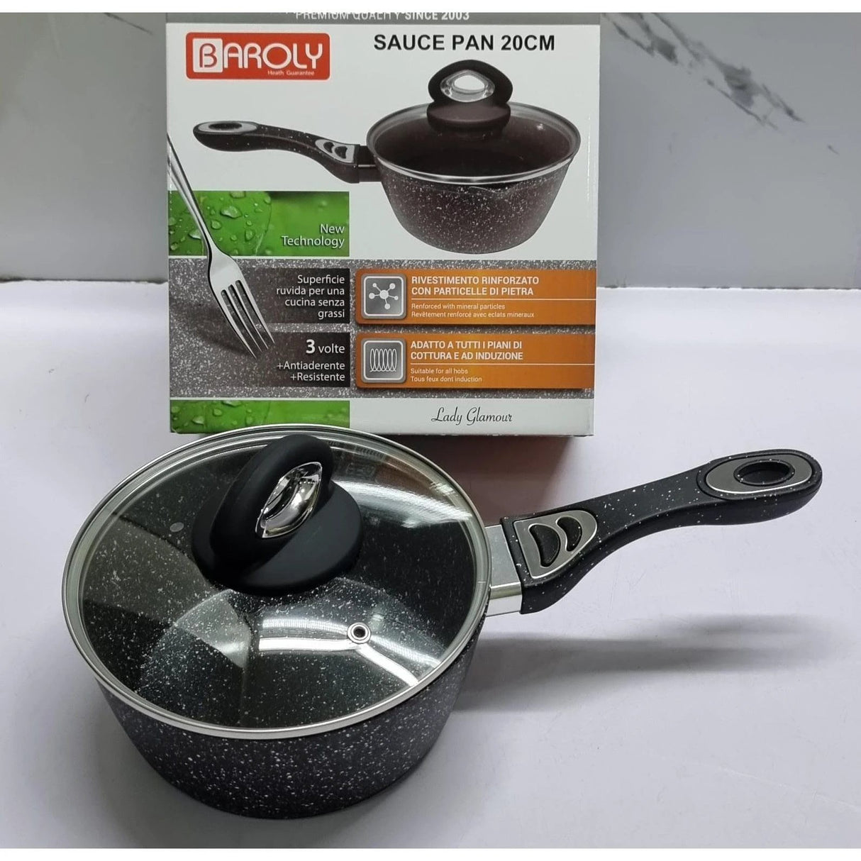 Baroly German Brand Heavy Granite Saucepans with Lids in Black 18cm and 20cm Cookware Saucepans