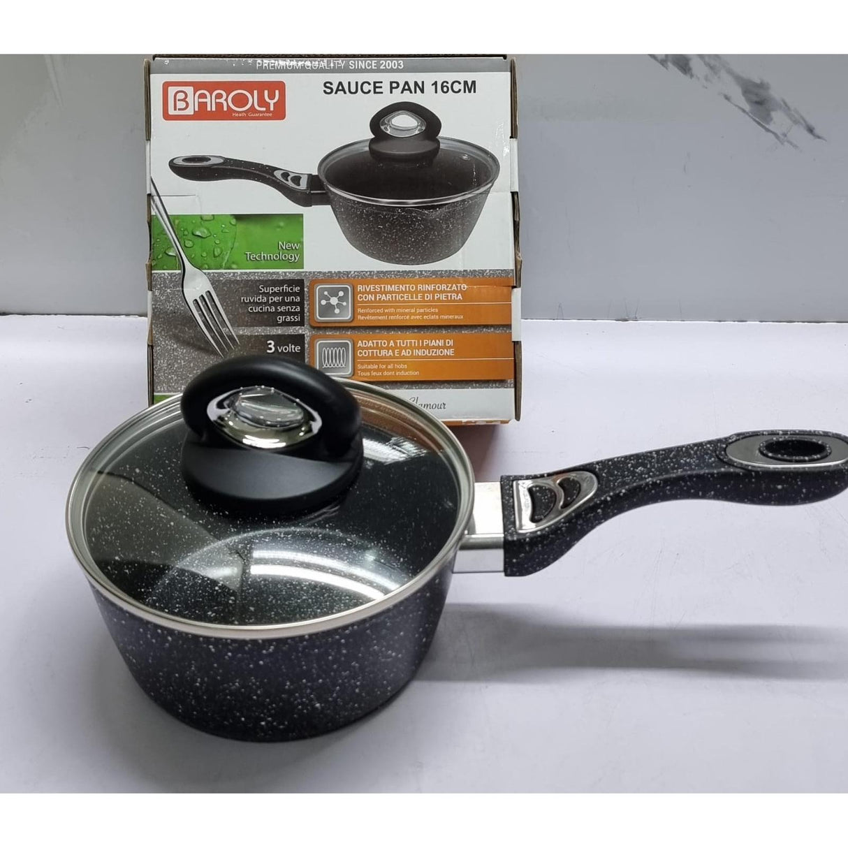 Baroly German Brand Heavy Granite Saucepans with Lids in Black 18cm and 20cm