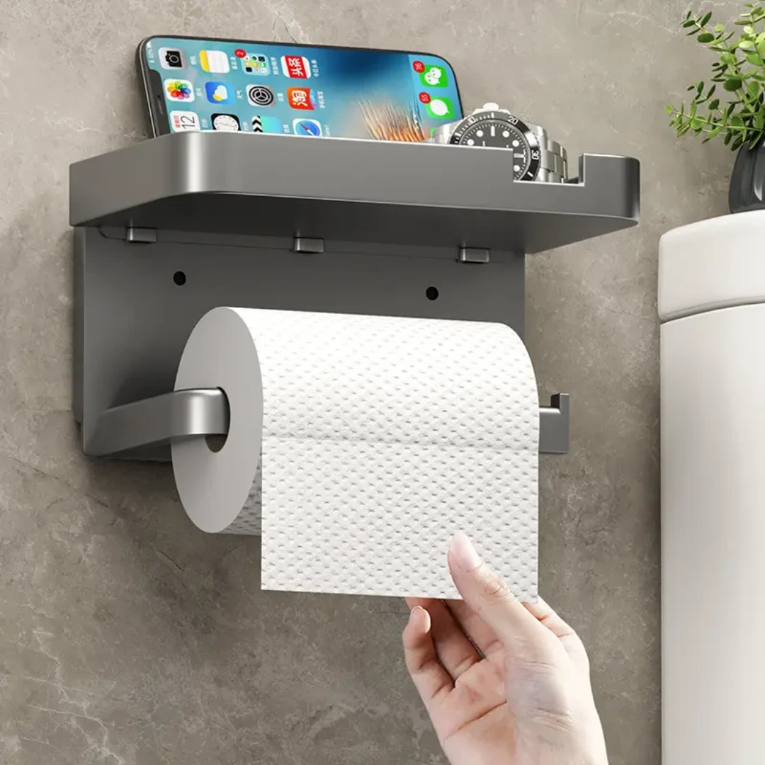 Bathroom Tissue Paper Holder with Phone Shelf Wall Mounted Non Perforated Storage Rack. Toilet Paper Holders