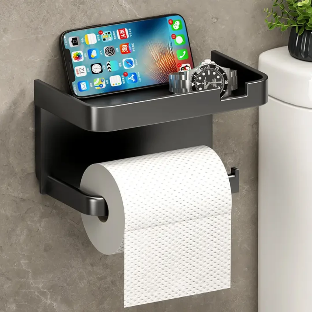 Bathroom Tissue Paper Holder with Phone Shelf Wall Mounted Non Perforated Storage Rack. Toilet Paper Holders