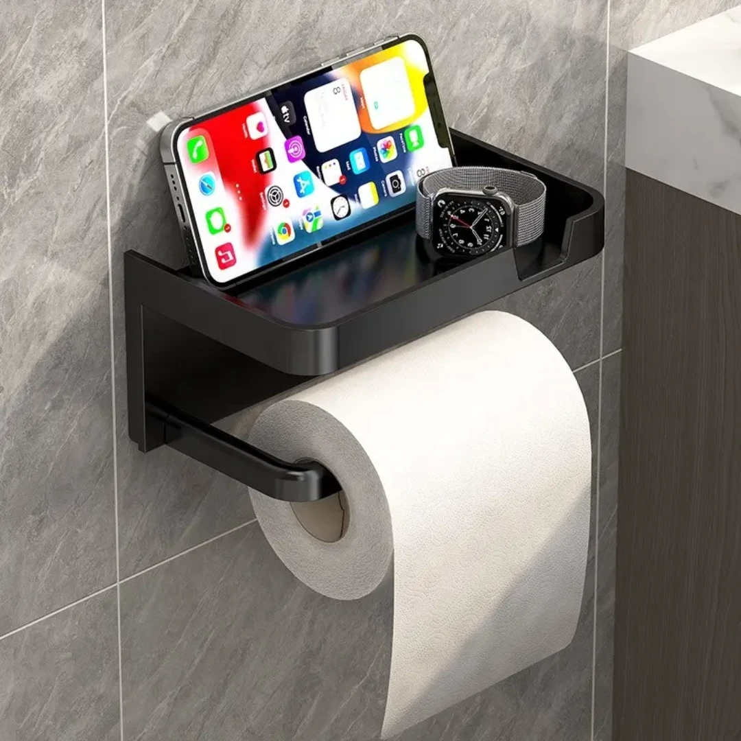 Bathroom Tissue Paper Holder with Phone Shelf Wall Mounted Non Perforated Storage Rack. Toilet Paper Holders