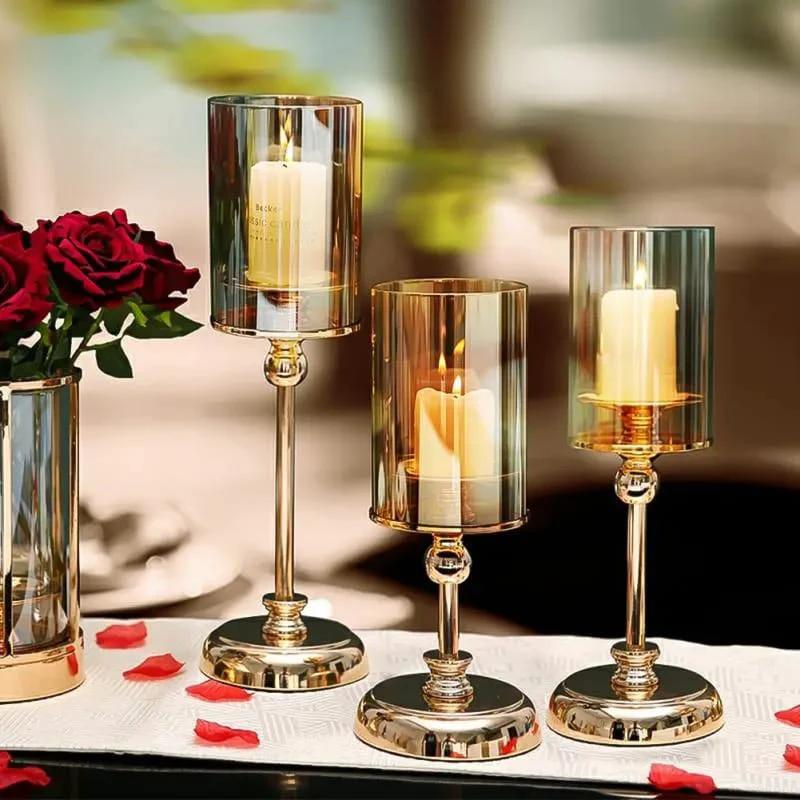 Beautiful 3 Piece Luxury Glass Candlestick Set – Elegant Ornaments for Dining Table & Romantic Candlelight Dinners Lighting Candle Holders