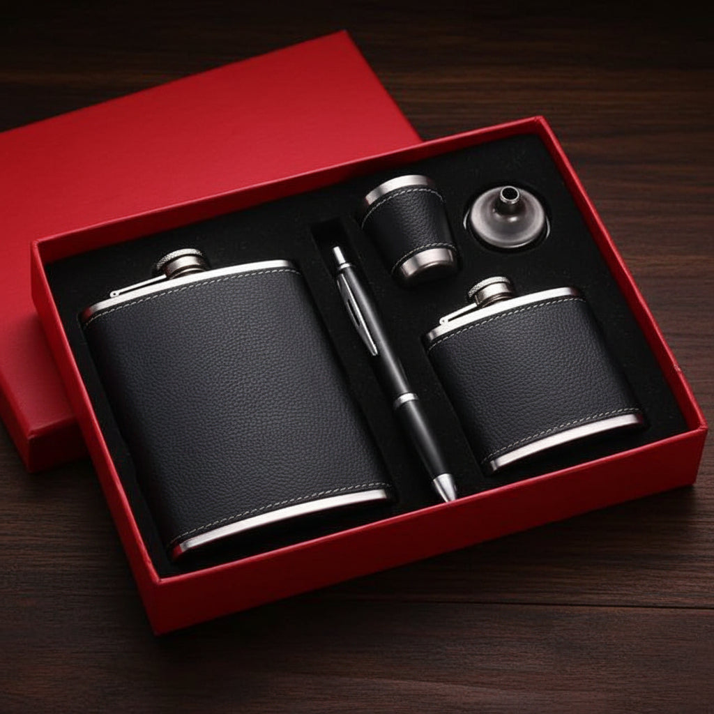 Black Leather-Covered Whiskey Flasks Gift Set | Includes 2 Flasks, Pen, Glass & Funnel Accessories Flasks