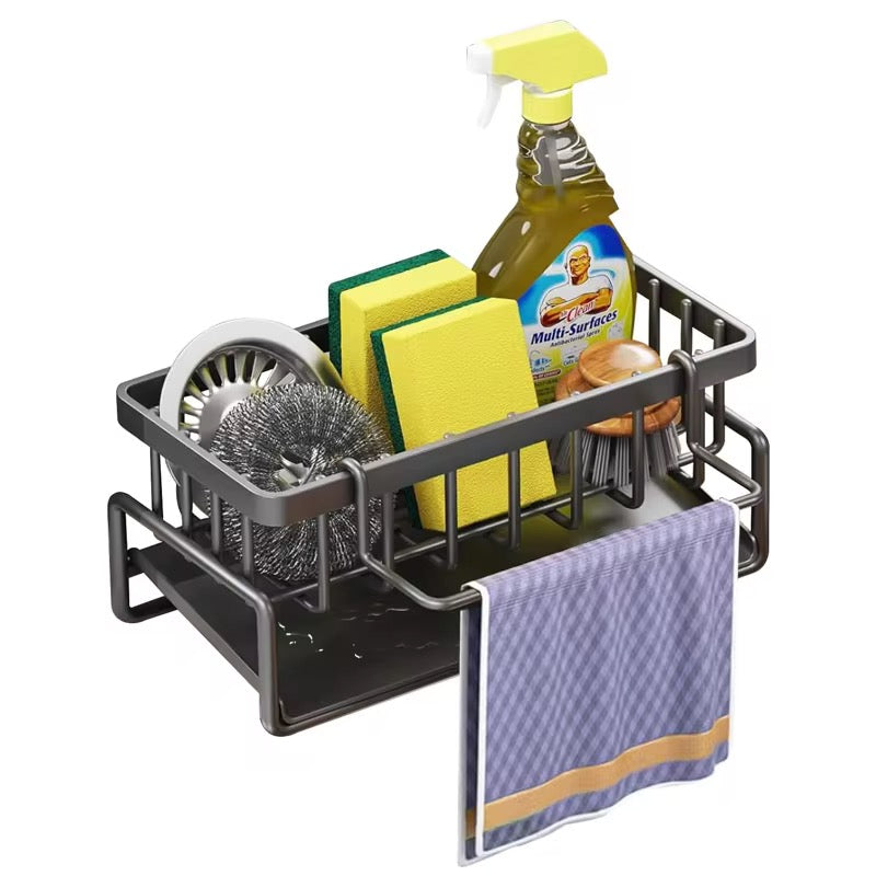 Black Metallic Sink Caddy – Auto-Drain Organizer with Towel Hook | 23x10.7x9.4cm