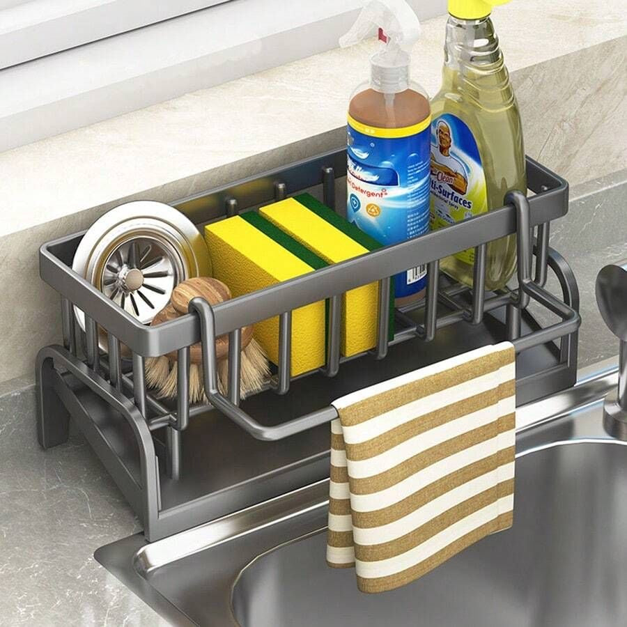 Black Metallic Sink Caddy – Auto-Drain Organizer with Towel Hook | 23x10.7x9.4cm