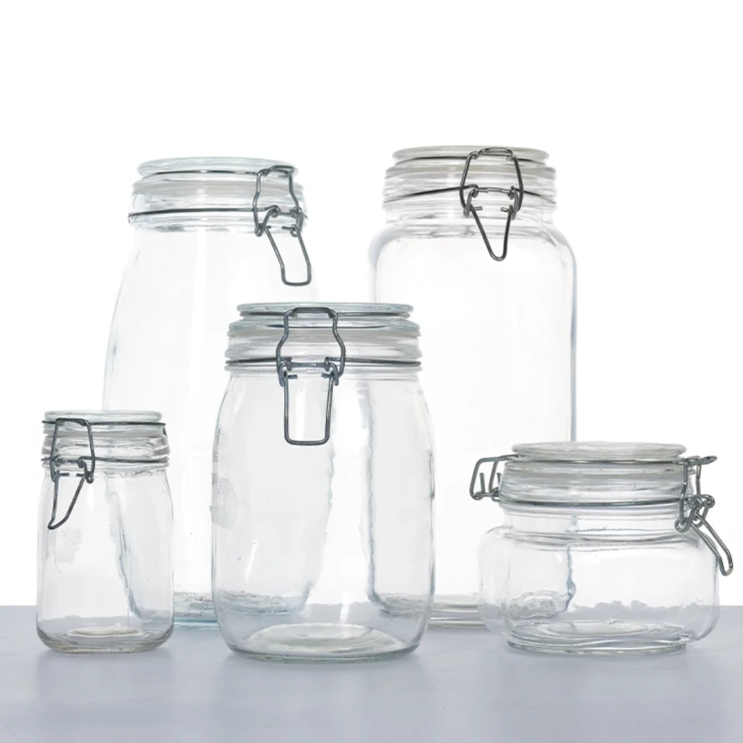 Bon Appetit Stylish Clip Style Glass Storage Jars | Leak Proof Borosilicate Glass | 0.25L to 1.5L Capacities