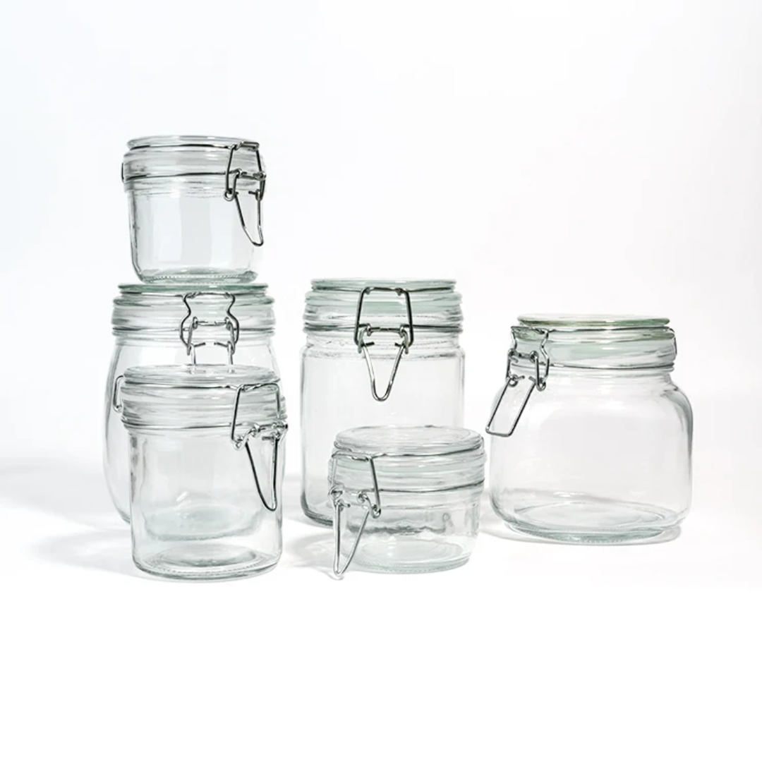 Bon Appetit Stylish Clip Style Glass Storage Jars | Leak Proof Borosilicate Glass | 0.25L to 1.5L Capacities