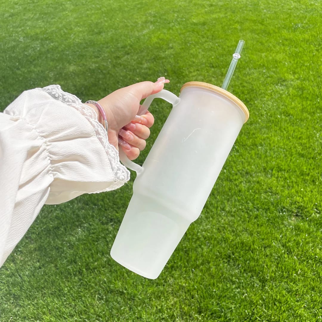 Borosilicate Bamboo Drinking Glass Cup with Lid and Straw – 1200ml