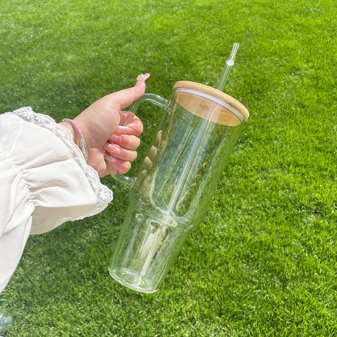 Borosilicate Bamboo Drinking Glass Cup with Lid and Straw – 1200ml
