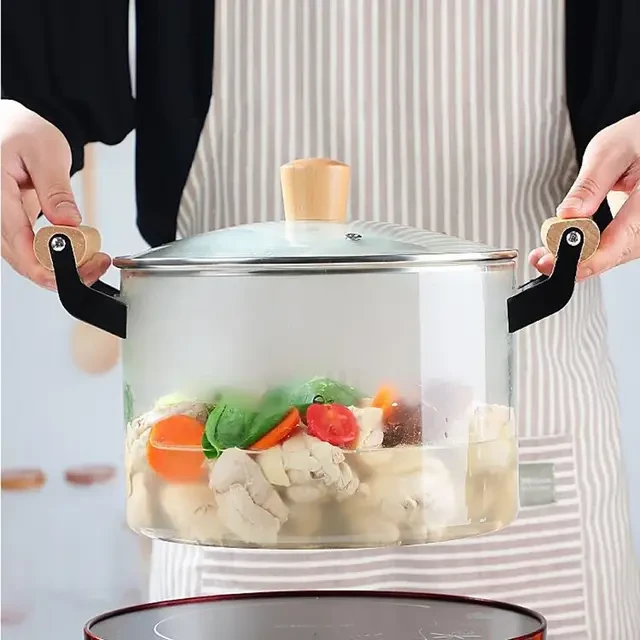 Borosilicate Glass Cooking Pot 3.5L with Heat Resistant Bamboo Handle Cookware Fondue Pots & Sets