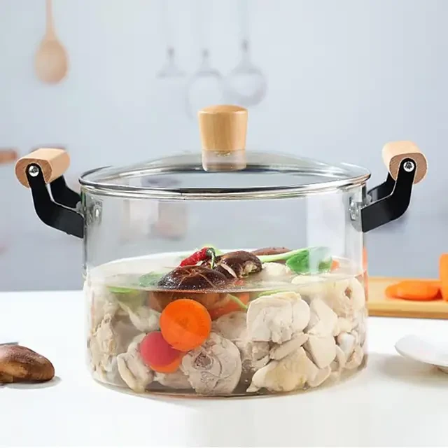 Borosilicate Glass Cooking Pot 3.5L with Heat Resistant Bamboo Handle Cookware Fondue Pots & Sets