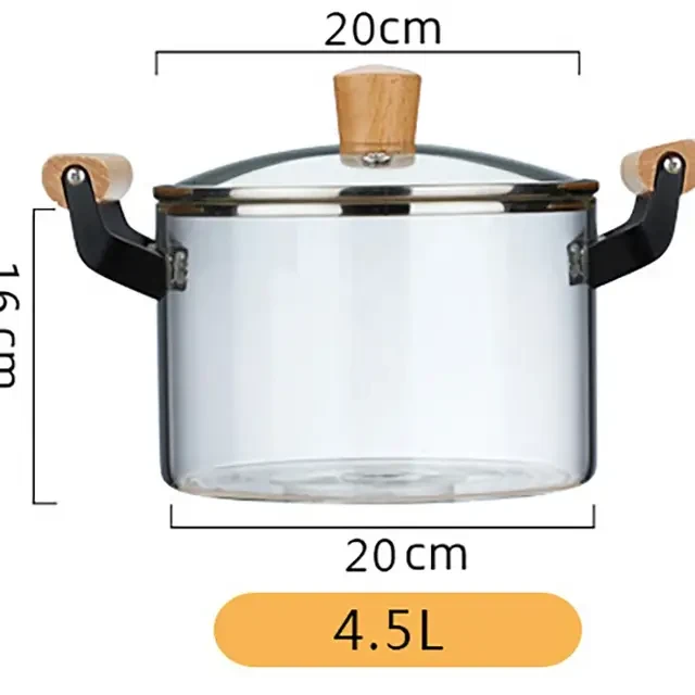 Borosilicate Glass Cooking Pot 3.5L with Heat Resistant Bamboo Handle Cookware Fondue Pots & Sets