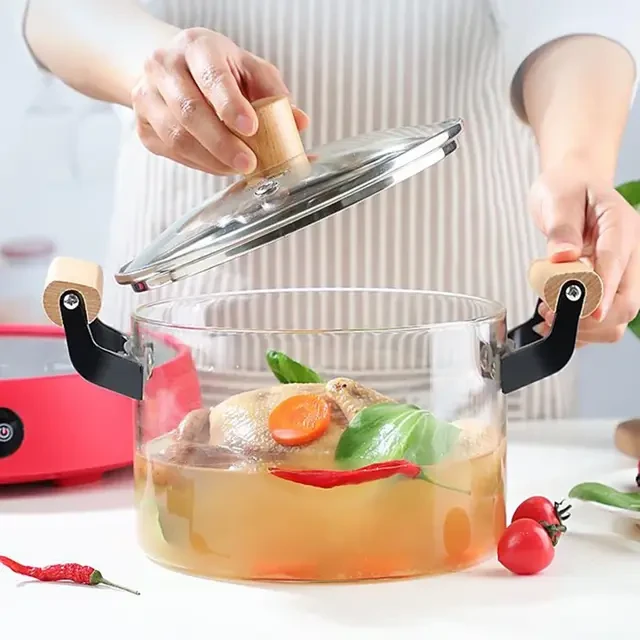 Borosilicate Glass Cooking Pot 3.5L with Heat Resistant Bamboo Handle Cookware Fondue Pots & Sets