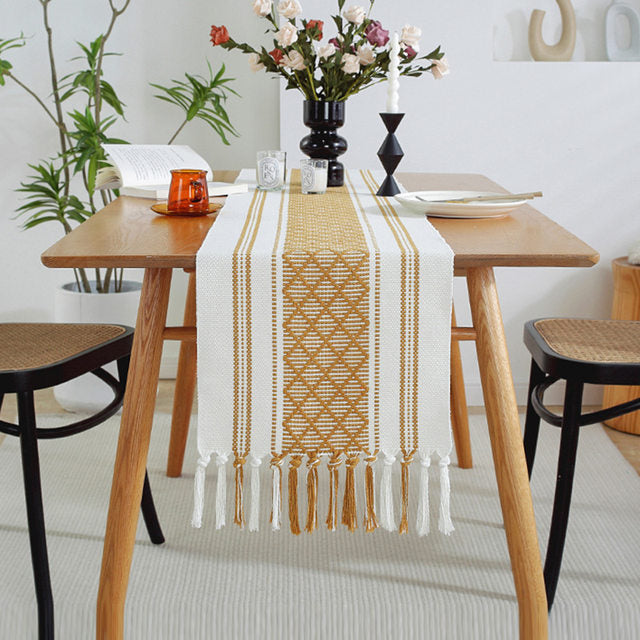 Braided Woven Textured Table Runner with Tassels + 6pcs Mats – Multiple Colours