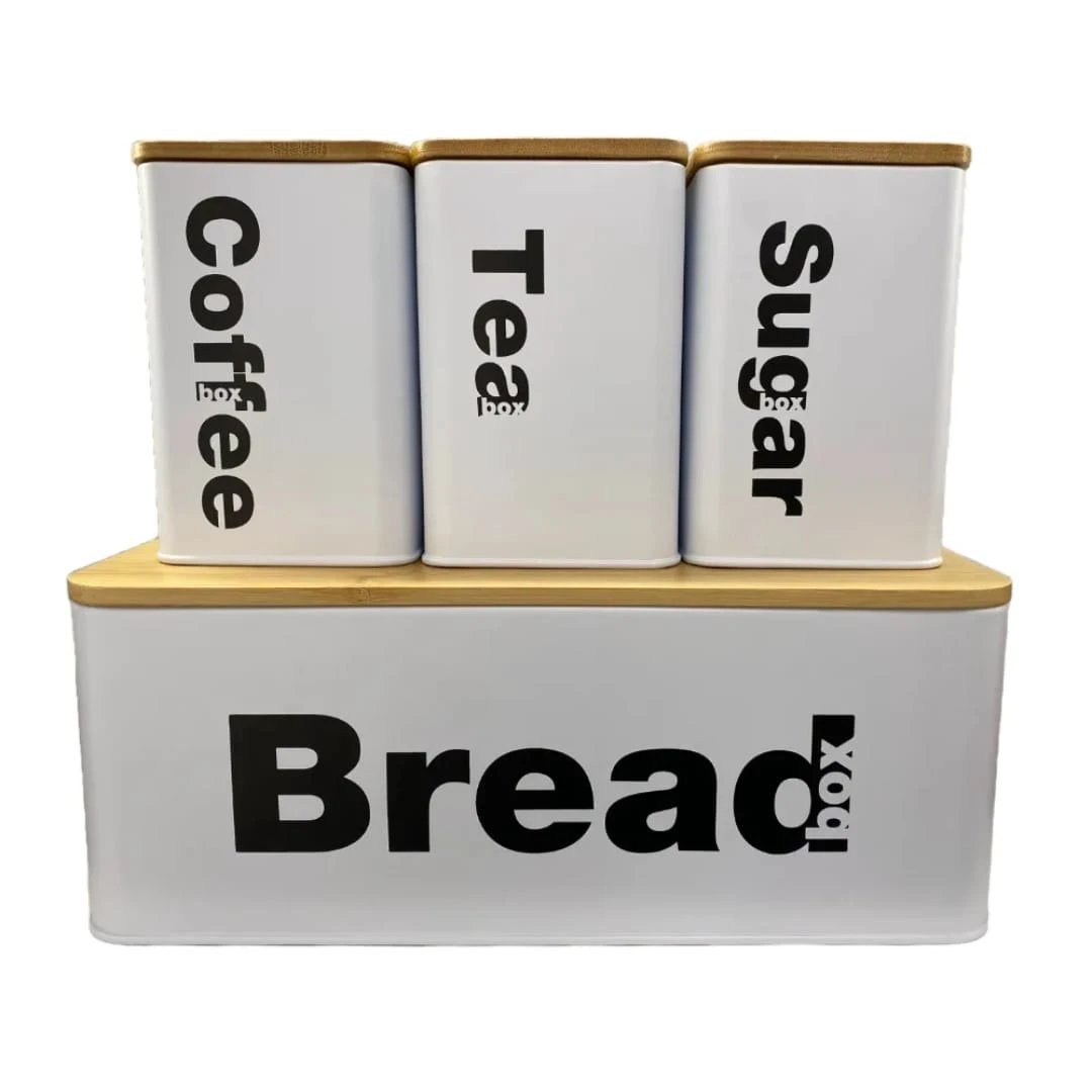Bread Bin with Three Canister Set – Bamboo Lid Kitchen Storage in White or Black Kitchen Storage Storage & Organization