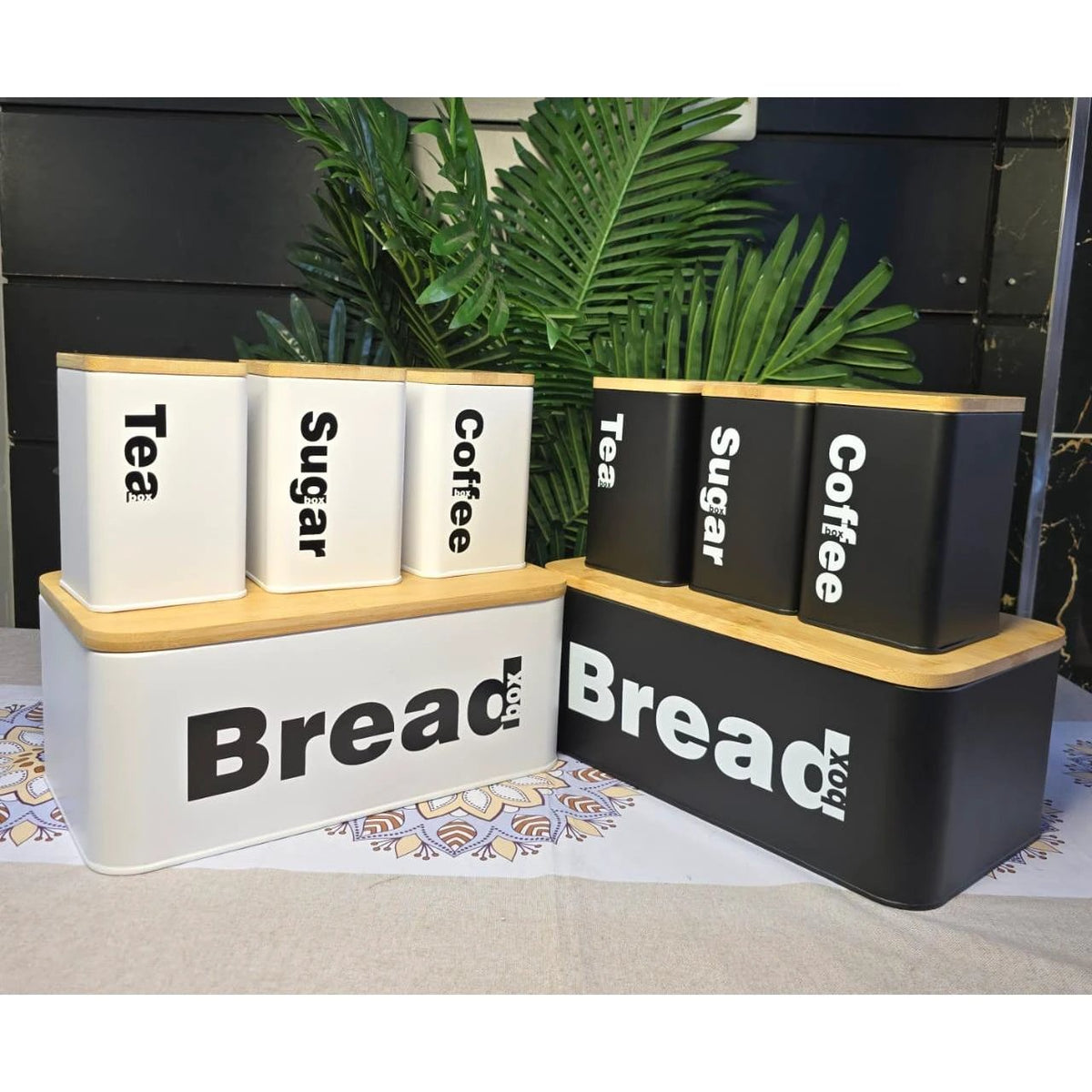 Bread Bin with Three Canister Set – Bamboo Lid Kitchen Storage in White or Black Kitchen Storage Storage & Organization